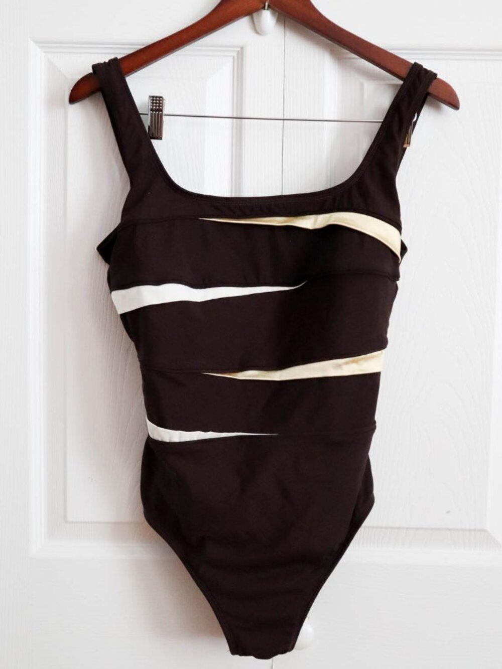 Vintage Longitude One Piece Swimsuit Bathing Suit Brown Gold Cream Sz 12